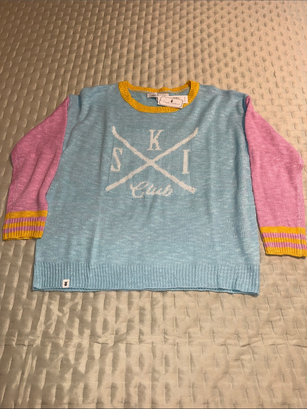 Simply Southern light weight Colorblock Ski Sweater - Light Blue, Pink & Yellow